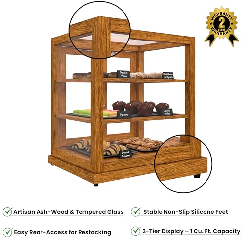 KoolMore 15 in. Light Wood Countertop Open Back Dry Bakery Display Case, Pastry, Cake and Bread Display with Tempered Glass