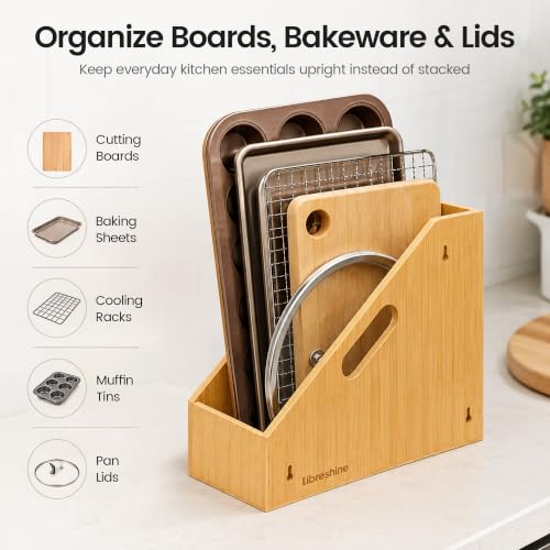 Libreshine Slim Bamboo Cutting Board Holder & Baking Sheet Organizer