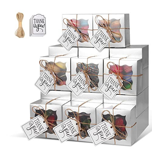 KPOSIYA 10pcs Small Cookie Boxes with Window, 4x4x2.5 Silver Bakery Box - color: Silver, size: 10