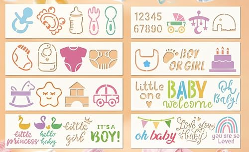 Cute Baby Shower Stencils for Painting, 8Pcs Baby Shower Reusable Stencil Cookies Sugar Cake Baking Stencils