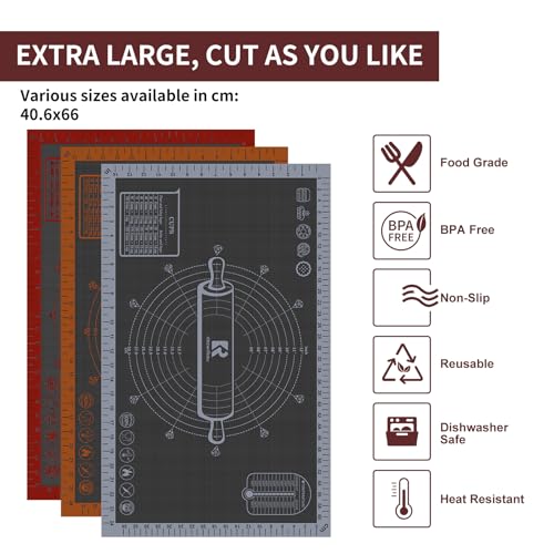 Silicone Pastry Mat Extra Large with Measurements 26''x16'' for Reusable,Non-slip Silicone Baking Mat, Counter, Dough Rolling, Oven Liner,Fondant/Pie Crust (Translucent_Grey, 16''W x 26''L) - color: Translucent _Grey