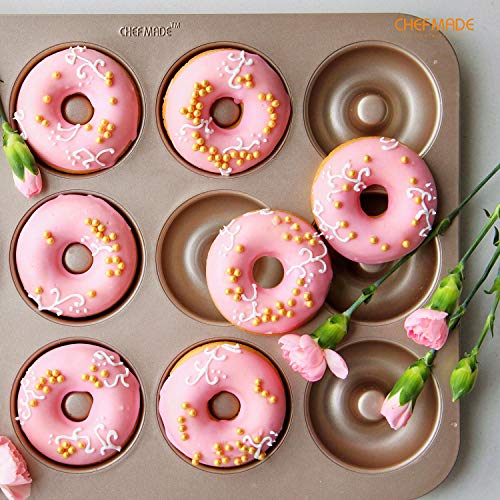 CHEFMADE Donut Mold Cake Pan, 12-Cavity Non-Stick Ring Doughnut Bakeware for Oven Baking (Champagne Gold) - size: 01 - Round 12 Cups