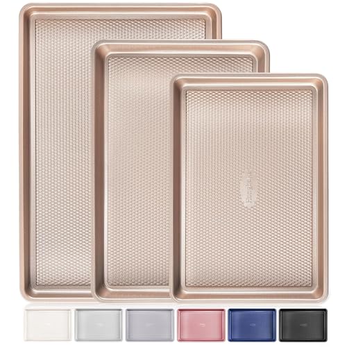 HONGBAKE Baking Sheet Pan Set of 3, Cookie Sheets for Oven, Nonstick Half/Quarter/Jelly Roll Pans with Diamond Texture Pattern, 0.8mm Thick Heavy Duty Cookie Tray, Champagne Gold - color: Champagne Gold (Carbon Steel)