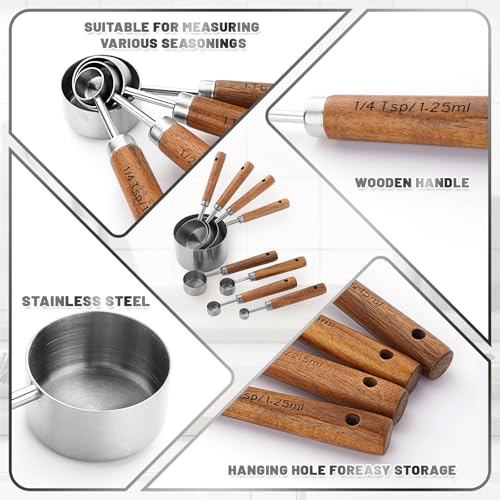 Premium Wood Handle Stainless Steel Measuring Cups and Spoons 8PCS - color: Silver8