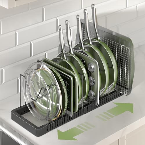 PanPanPal Pots and Pans Organizer under Cabinet, Expandable Pot Lid Organizer Holder with 14 Adjustable Compartment, Pan Organizers inside Cabinet for Lids, Bakeware, Kitchen Storage Pot Rack, Black - size: 14 Dividers