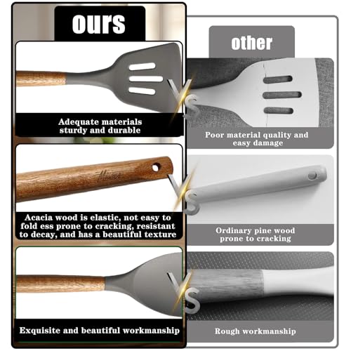 Kitchen Utensils Set, Silicone Cooking Utensils Set,Non-Stick Silicone Spatula Set with Natural Acacia Hard Wood Handle, 5 Piece, Upgraded Thickened Cookware - color: Gray
