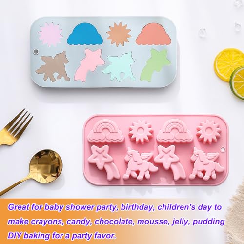 2 Pack Unicorn Molds Silicone 8 Cavity 3D Flying Unicorn Themed Baking Mould Tray with Cartoon Rainbow Meteors Sun for Kids' Party Chocolate Cake Topper Dessert Mousse Pastry Handmade Soap Crayons - style: 8 Cavity Unicorn Molds