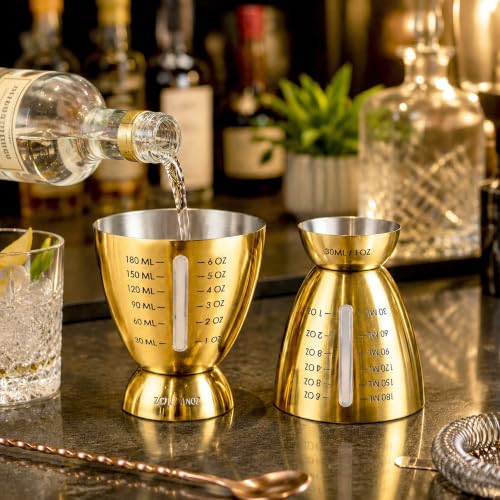 Homestia Cocktail Measuring Jigger with Pour Spout, Measuring Cup, Set of 2 - color: 6oz & 1oz Gold