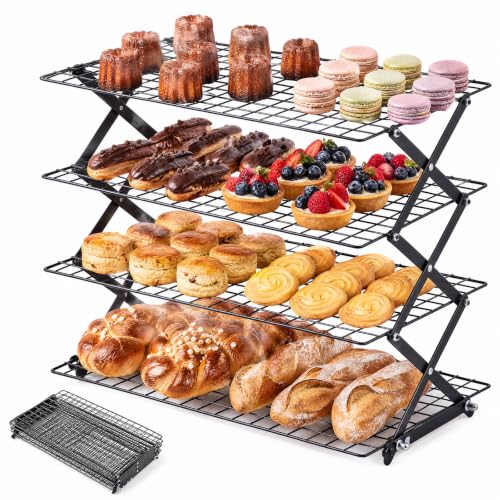 4-Tier Collapsible Cooling Rack for Baking, 3-Setting Adjustable Stackable Cookie Rack, Durable Nonstick Space-Saving Stand for Cooking, Roasting, Drying, Grilling, Cottage Bakery