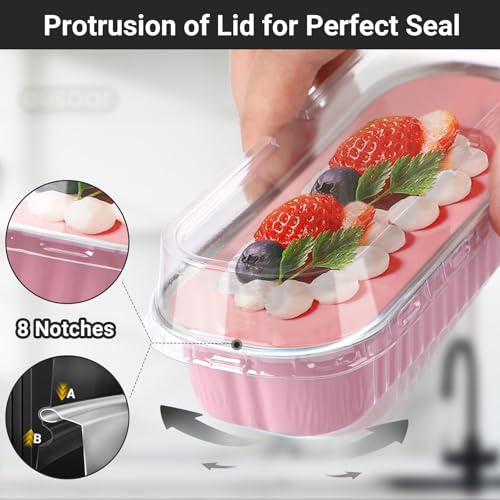 EUSOAR Dessert Cups with Lids, 100pcs 6.8oz 6.5"x2.5"x1.2" Pink Aluminum Foil Baking Cups Mini Loaf Pan Tin, Disposable Ramekins Containers Cheesecake Creme Brulee for Party Shower Wedding Gathering - color: Pink, size: 100pcs