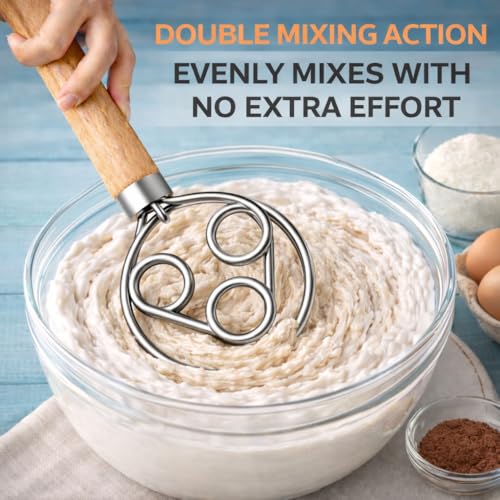 Danish Dough Whisk for Sourdough – Thick Stainless Steel Dutch Whisk with Ergonomic Oak Handle – Heavy-Duty Dough Mixer for Bread & Baking - size: Triple Loop
