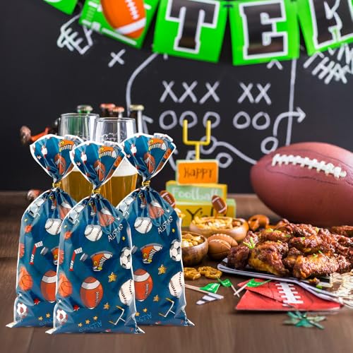 100 Pcs Sport Party Treat Bags Football Cellophane Bags Basketball Candy Bags with Gold Twist Ties Football Goodie Bags Gift Bags Party Favors Bags for Birthday Soccer Party Supplies Decorations - color: Sport Party