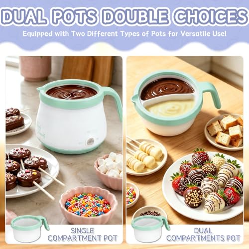 Party Desserts Candy and Chocolate Melting Pot with 2 Pots, Mini Electric Fondue Pot, Melts Candy Chocolate in a Couple of Minutes, Ideal for Cake Pops Cookies Cakes, 2.5 Cups, Aqua - color: Aqua