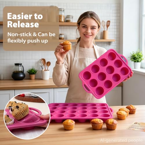 Silicone Mini Muffin Tin Set: 12 & 24 Small Cupcake Baking Tin with Frame - color: Rose Pink, size: Regular & Mini: 12 Cup & 24 Cup