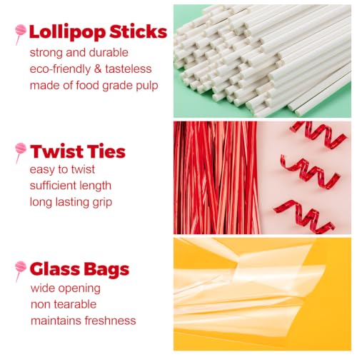 600Pcs Lollipop Stick, 6IN Cake Pop Sticks with Clear Treat Bags & Red Twist Ties, Cake Pops Making Tools for Lollipops, Candies, Chocolates Cookies - color: Red 600Pcs