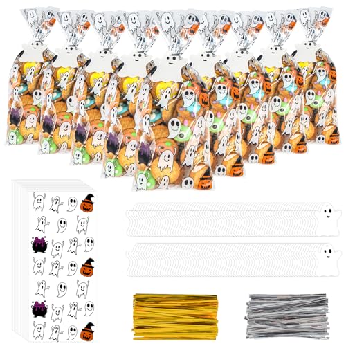 150PCS Halloween Ghost Cellophane Treat Bags, Clear Halloween Candy Bags
