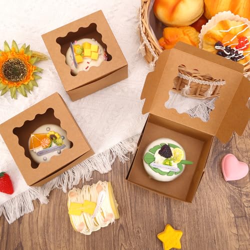 TOMNK 150pcs Small Cookie Boxes with Window, 4x4x2.5In Cookie Packaging - color: Brown
