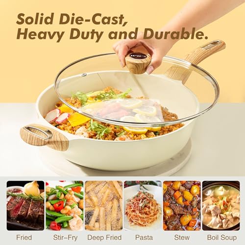 SENSARTE Ceramic Nonstick Frying Pan Skillet with Lid, 13.3 Inch Large Deep Frying Pan, 6 QT Saute Pan, Induction Pan, Healthy Non Toxic Cooking Pan with Helper Handle, PFOA PFAS PTFE Free - color: Ceramic White, size: 6QT / 13.3IN