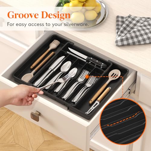 Lifewit Expandable Silverware Drawer Organizer, Kitchen Utensil Tray - color: Black, size: Large (11-18''W x 14''D)