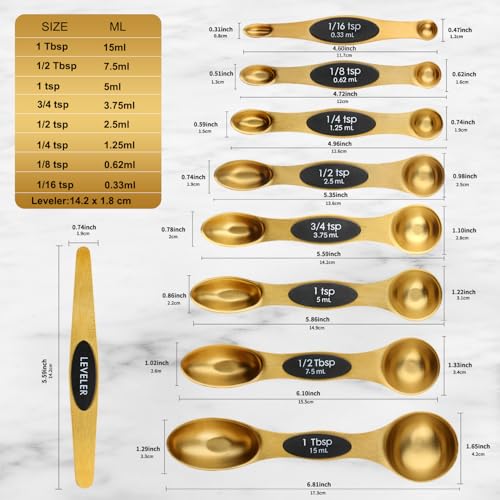 Gold Magnetic Measuring Spoons Set Stainless Steel with Leveler, Dual-Sided Stackable Metal Measuring Spoons for Baking & Cooking, Fits in Spice Jars, Heavy Duty Kitchen Gadgets, 8 Spoons & 1 Leveler - color: Gold