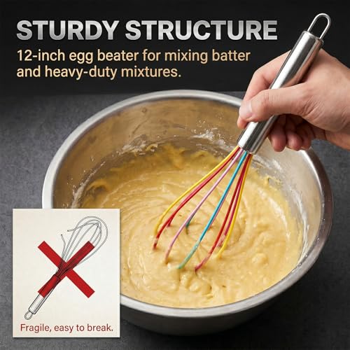 Silicone Whisk,Stainless Steel Wired Wisk Set 8" 10" 12",Heat Resistant 480°F,Perfect for Non-Stick Cookware, Kitchen Whisks for Whisking, Cooking, Baking, Beating & Frothing (Rainbow) - color: Rainbow