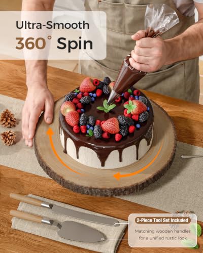 Wood Cake Stand, 12" Rotating Cake Stand with Cake Cutting Set