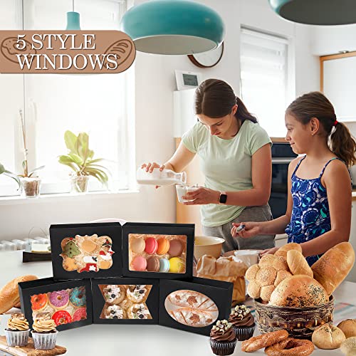 KPOSIYA 65 PCS 8x6x2.5 Inch Cookie Boxes with Window Black Bakery Boxes Pastry Boxes for Gift Giving, Treat, Dessert, Cupcakes, Chocolate, Strawberries, Donuts, Muffins (5 Style Windows) - color: Black(pack of 65)