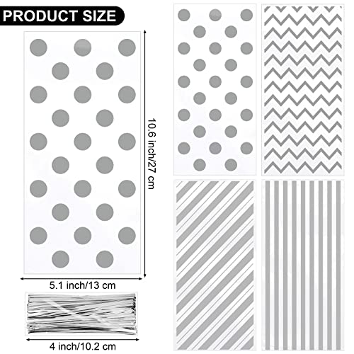 Aodaer 100 Pieces 10.6 x 5.1 In Silver Cellophane Bags Plastic Candy Gift Bags Cellophane Treat Bag with Twist Ties Stripes Polka Dot Printed Pattern Goodie Bag for Birthday Weddings Party Favors - color: Silver