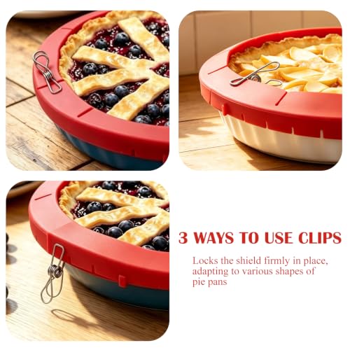 Adjustable Pie Crust Shield Silicone Pie Crust Covers for Edges of Pie Crust Protector Shields for Baking Pie Crust Cover Ring for Bake Kitchen Tool, Fit 8-11.4 Inch (2 PCS (Red+Clip))