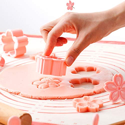 Pastry/Cookie/Fondant Stamper, 2-Inch Press Cookies Mold with 4 Stamps Pink Cherry Blossom Shape Flower Hand Pressure Pastry Tool Fondant Cutters Set for Baking