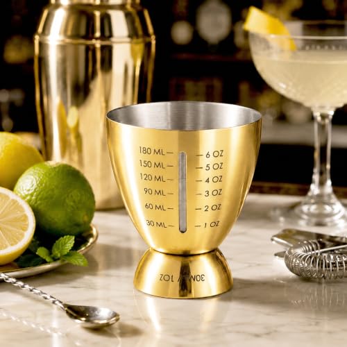 Homestia Cocktail Measuring Jigger with Pour Spout, Measuring Cup, Set of 2 - color: 6oz & 1oz Gold