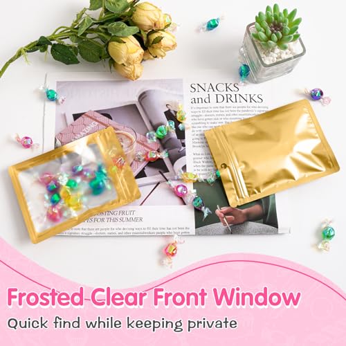FUNFERY 100 Pack Mylar Resealable Bags, Gold Foil Packaging Bags - color: Gold, size: 2.4 x 3.9 inch
