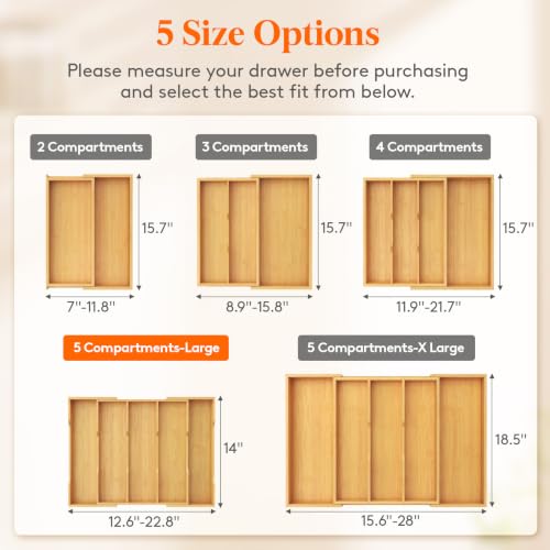Lifewit Bamboo Kitchen Drawer Organizer, Cooking Utensil Silverware Tray - color: Natural, size: 5 Slot(12.6~22.8''W x 14'' D)