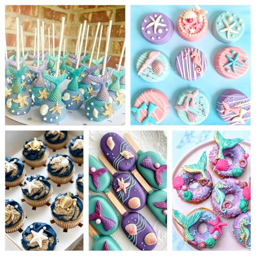 6 Pcs Marine Theme Silicone Mold Mermaid Tail Sea Turtle Fish Seashell Starfish Conch Seahorse Marine Animal Fondant Mold Set for Ocean Cake Decorations Chocolate Candy Resin Clay Birthday Party Decor - color: 6 Pcs Marine Theme Silicone Mold, Pink