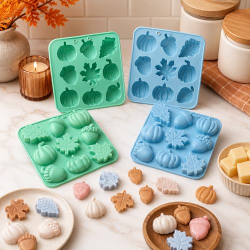 4 Pcs Autumn Silicone Molds Pumpkin Acorn Maple Leaf Fondant Baking Tray - color: blue green