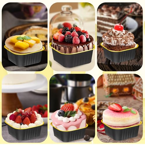 60Pack 5oz Black&Gold Mini Cake Pans with Lids Baking Cups Aluminum Foil Pans Tins, Individual Dessert Cups Containers for Sales,Party,Picnics - color: Black&Gold