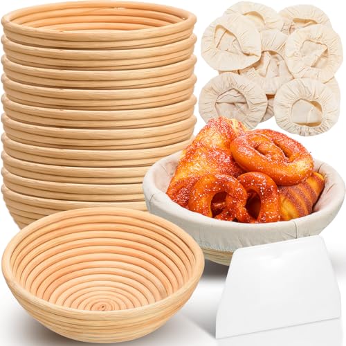Gejoy 20 Sets Bread Proofing Baskets Bulk 8.5 Inches Round Shaped Banneton Dough Proofing Bowls Kit with Cloth Liner and Plastic Scraper Sourdough Proofing Basket for Home Sourdough Bakers Supplies