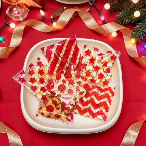 ZYLOP Self Sealing Red Cookie Bags - 200Pcs 4x4 Inch Red Striped Cellophane Treat Bags, Small Clear Plastic Candy Bag for Bakery, Carnival Party Favors, Wedding Sweets & Small Business Packaging - color: Red 200pcs