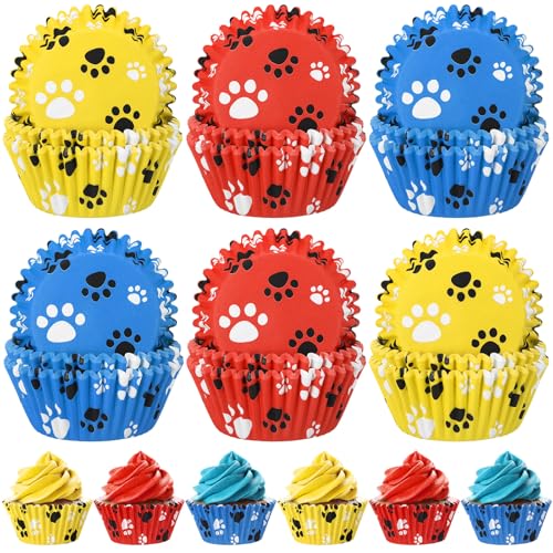 200 count Paw Bone Cupcake Liners Dog Wrappers Paw Pattern Cup Cake Holder Puppy Dog Theme Cupcake Wrappers for Baby Shower Birthday Party Supplies(Blue Red Yellow) - color: Blue Red Yellow