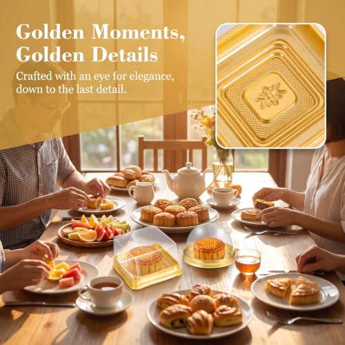 DOITOOL Clear Plastic Mini Cake Box 100 Pack Square Mini Cupcake Containers Mooncake Boxes Muffin Pod Dome Muffin Single Container for Wedding Birthday Supplies (Golden)