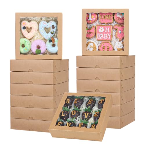 TEMLQPACK 15pcs 8x8x2 Inch Brown Bakery Boxes with Window - Christmas Cookies/Cakesicle Storage - color: Brown