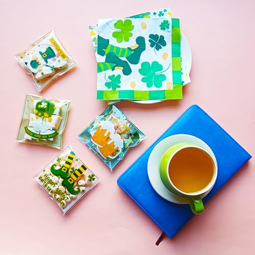 Jagrove 100PCS Cellophane Bags 4X4 Inch Green Lucky Shamrock Self Sealing Goodie Candy Cookie Snack Treat Bags for St. Patrick’s Day Irish Party Supplies Bakery - color: St. Patrick A, size: 100 Count (Pack of 1)