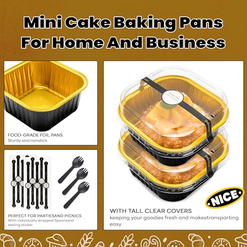 NPLUX 50 Pcs Mini Square Baking Cups with Lids and Spoons Aluminum Foil Mini Cake Pans with Lids Disposable Ramekins Cake Pans Dessert Cups for Wedding Birthday Party(Black Gold,10oz) (Pack of 2) - color: Black, size: 10 OZ (Pack of 2)