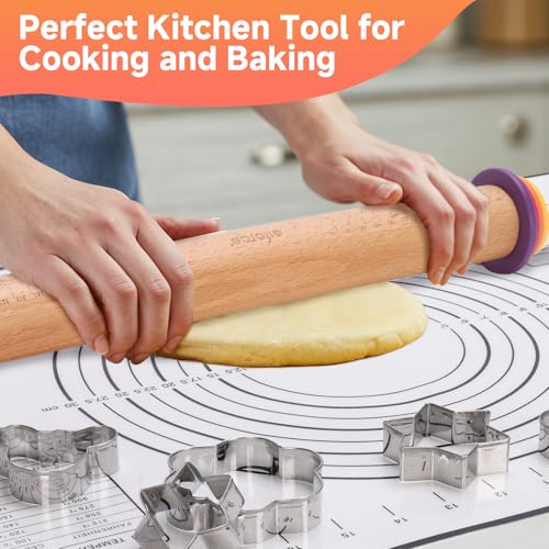 13.6" Adjustable Wooden Rolling Pin with 4 Multicolored Thickness Rings