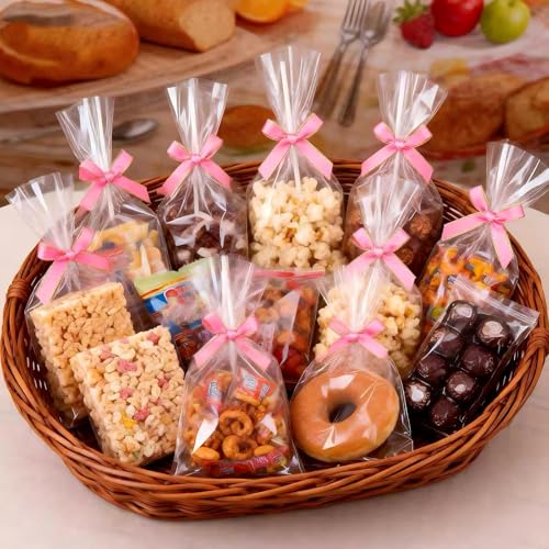 50pcs 4"x6"Clear Rice Krispie Treat Bags with Sticks and Ties Bows - color: Pink