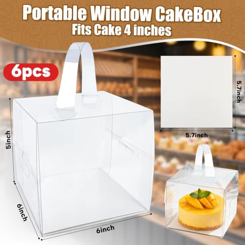 RAINFLOW 6 Packs Clear Cake Boxes with Handle - 6x6x5 Inch Gift Treat Boxes