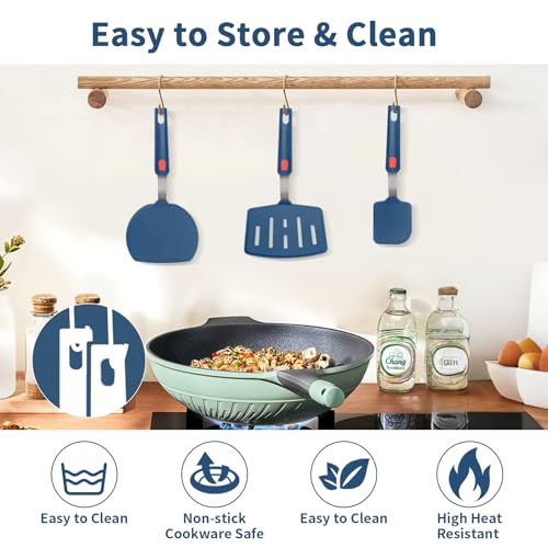 Silicone Spatula Turner Set of 3, Heat Resistant Large Wide Spatula for Pancake, Silicone Fish Spatulas Flipper for Cooking & Non-stick Cookware, BPA Free Rubber Cooking Untensil Set - color: Hazy Blue