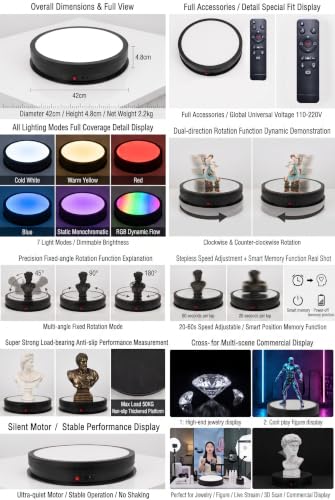 JAYEGT LED Light Base Non-Slip Rotating Display Stand , 110Lbs Load,360 Photography Turntable for Products Shows, Glass Crystal Artwork, Jewelry,Remote control(16.5inch / 6Color LED Light/Black/Wired) - color: Black, size: 16.5inch