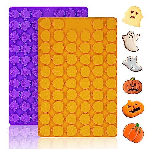 2 PCS Halloween Silicone Molds, Mini Pumpkin & Ghost, 58+69 Cavities, Orange - style: Mini Pumpkin+Ghost
