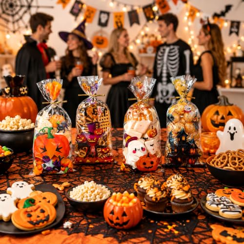 NPLUX Halloween Cellophane Treat Bags, 100 Pack, 4 Designs, 4.8 x 10.6 in - color: Halloween Designs-4.8×10.6 Inch-100